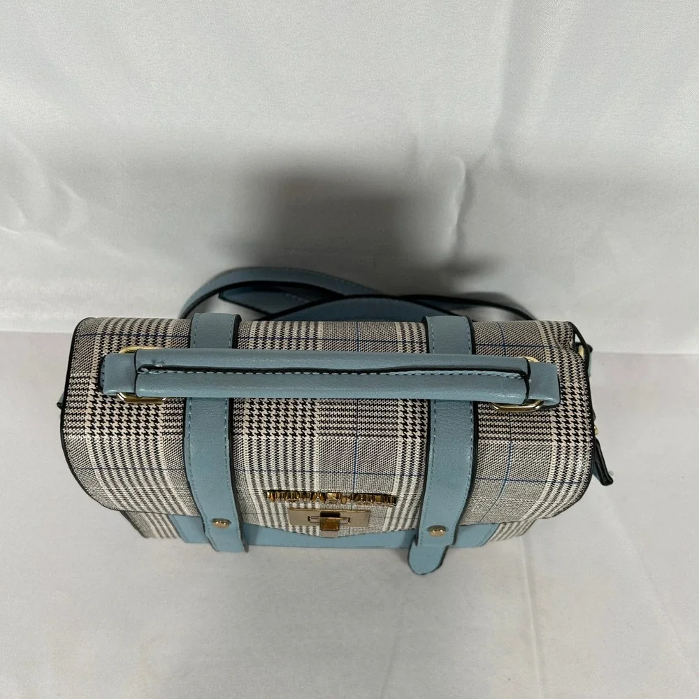 Michael Kors Glen Plaid Satchel Crossbody Bag Light Blue Gold W/Handle & Strap